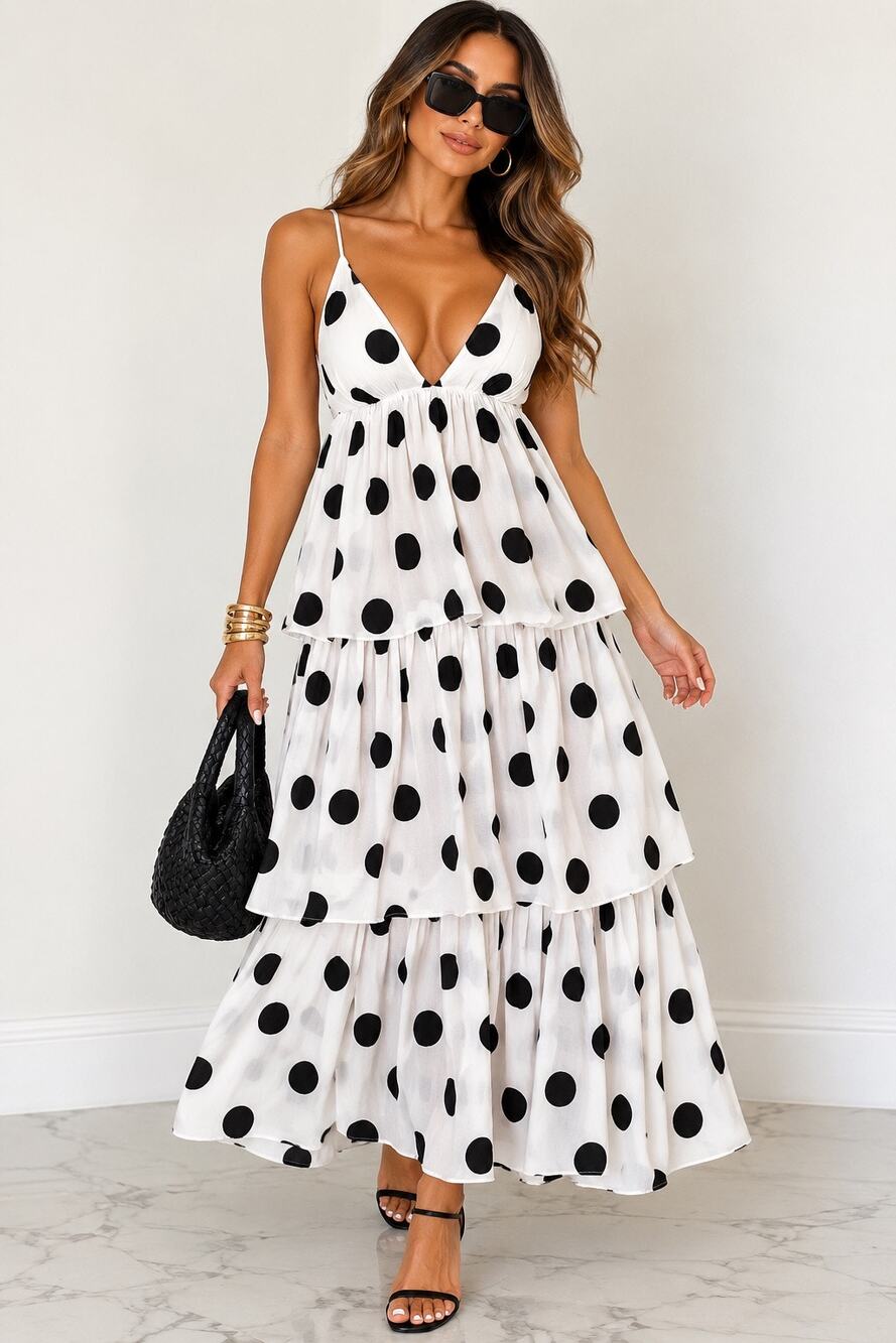 Black White Polka Dot Tiered Maxi Dress Spaghetti Strap Size Small